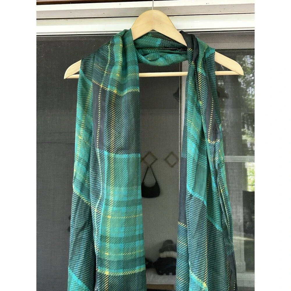 Talbots Wrap Scarf Green Plaid Fringe Silk Wool Preppy Traditional Classic